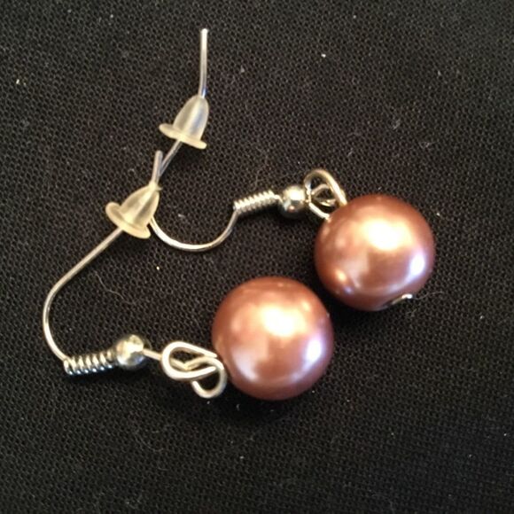 Faux Bronze Pearl Earrings on Silvertone Fish Hook Wires - Picture 3 of 3